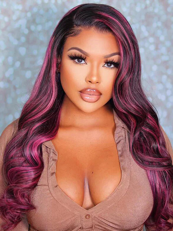 Lace Front Black & Purple & Pink Highlights Straight Human  display picture 1