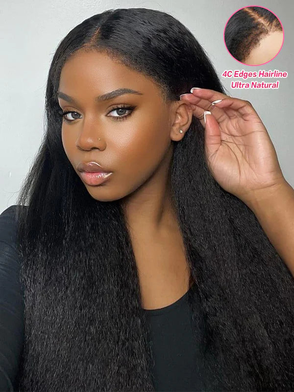 Human Hair HD Glueless Pre Cut Lace Closure Yaki Straight Wigs