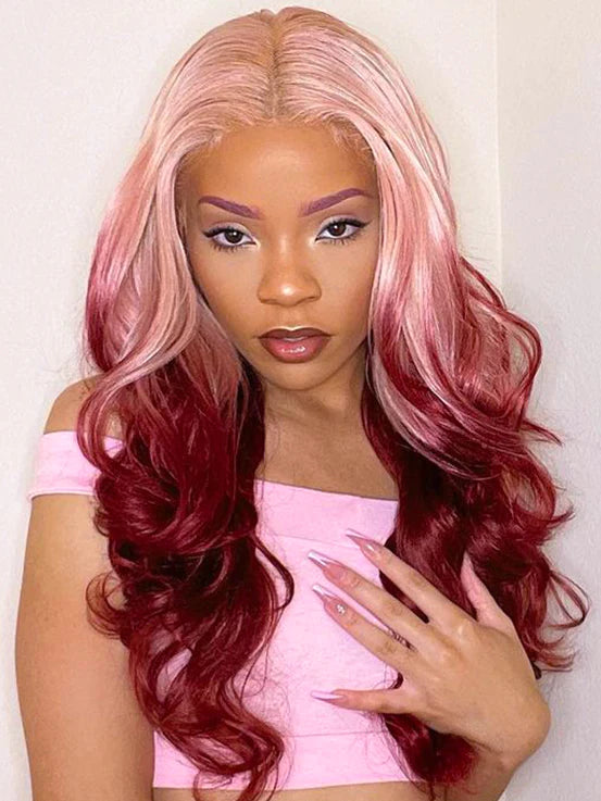 Afterpay Transparent 13x4 Lace Frontal Pink With Red Omber Color Wig
