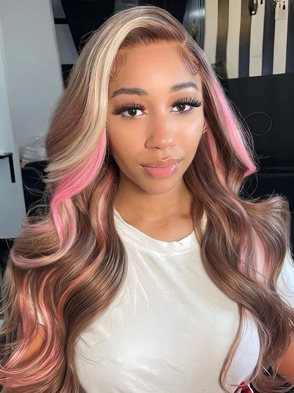 Glueless Pink Balayage Brown Skunk Stripe Color Body Wave Lace Front Wigs