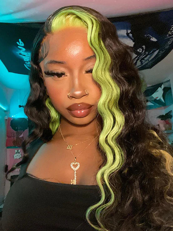 Green Skunk Stripe Hair Wig Patch Color Body Wave Lace Front Wigs