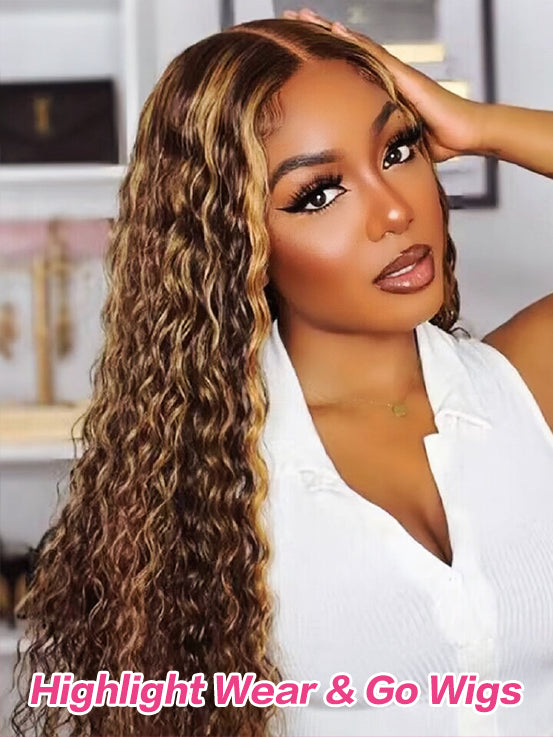 #4/27 Highlight Honey Blonde Glueless 6x4 Lace Wigs Deep Wave Curly Hair