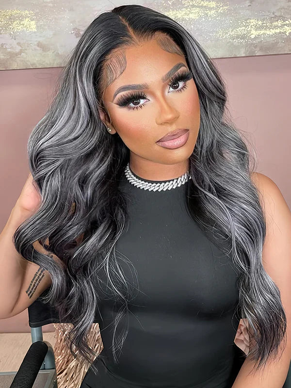 Platinum Gray and Black Ombre Highlights Color Body Wave Hair 13x4 Lace Front Wigs