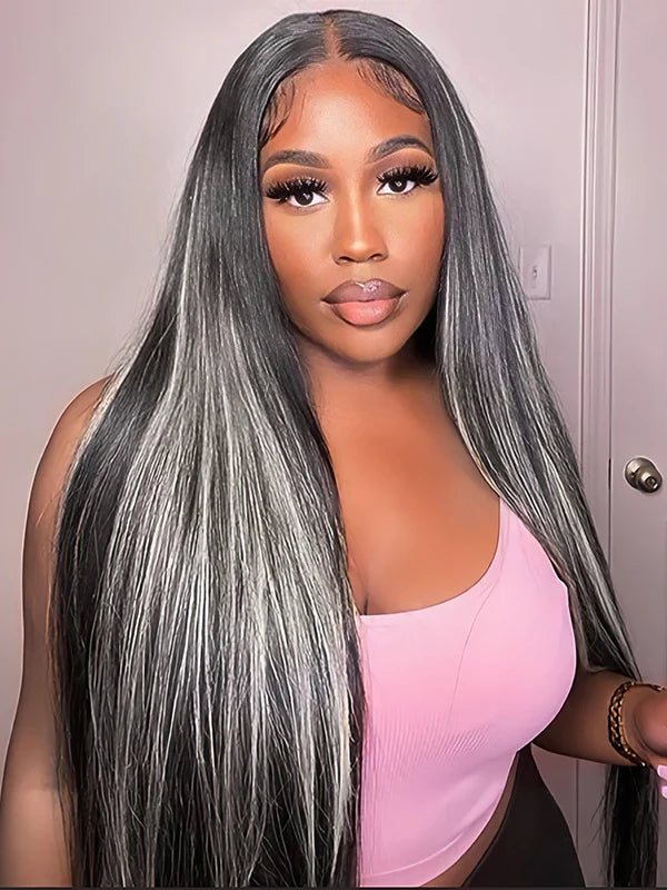 Platinum Gray and Black Ombre Highlights Color Straight Hair 13x4 Lace Front Wigs