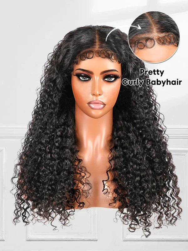 3C Edges Sweet Curly Baby Hair Wear Go 6x4 Lace Glueless Water Wave Kinky Curly Deep Wave Wig