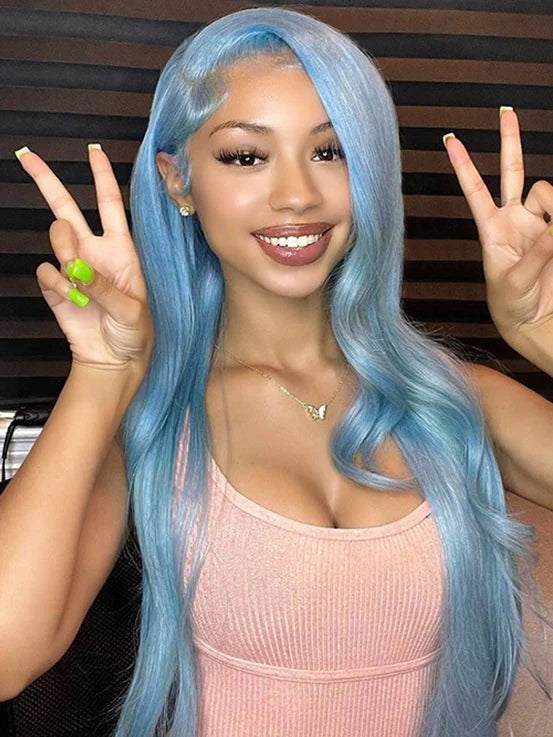 Lake Brilliant Blue Color Straight 13x4 Human Hair Lace Front Wigs