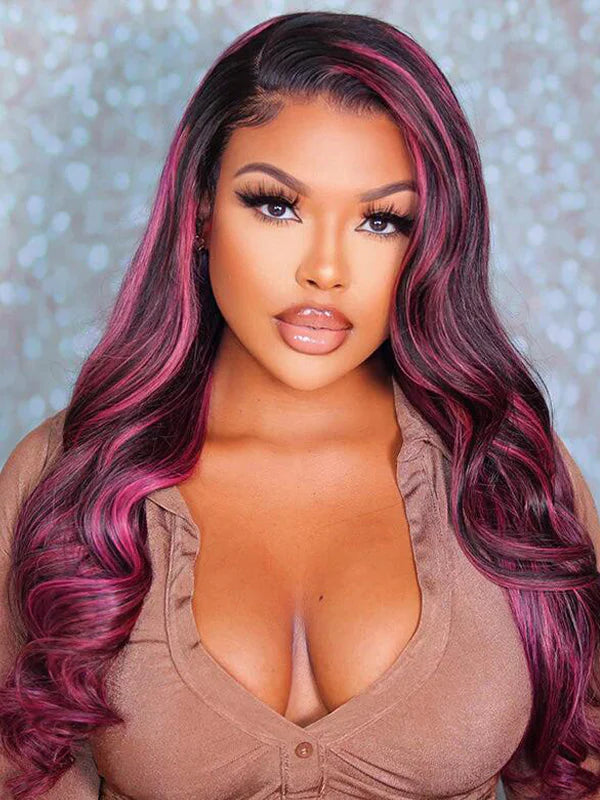 Magenta Hot Pink Highlight Black Piano Color Body Wave 13x4 Lace Frontal Wig