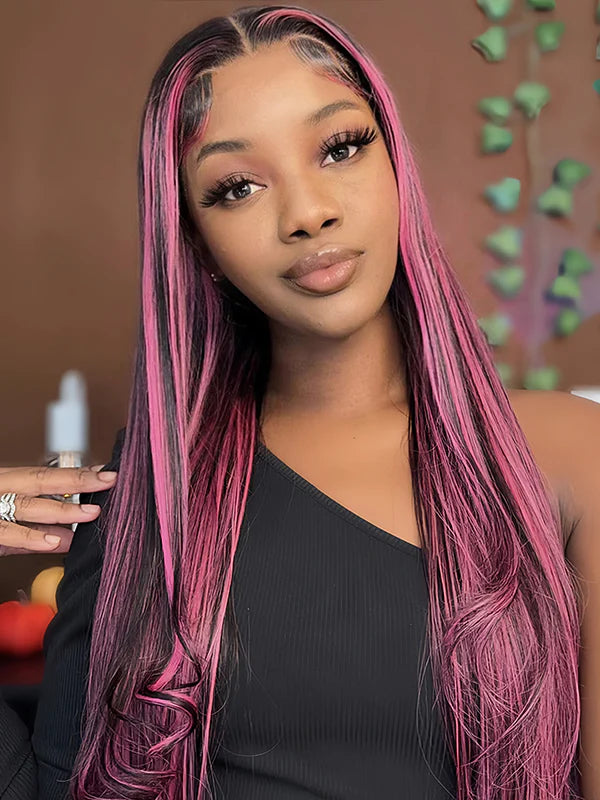 Magenta Hot Pink Highlight Black Piano Color Straight 13x4 Lace Frontal Wig