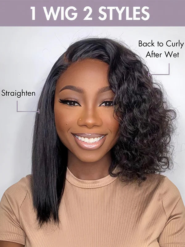 Magic Dry Straight & Wet Curly Wig 2 Styles in 1 Human Hair Wear & Go Bob Wigs