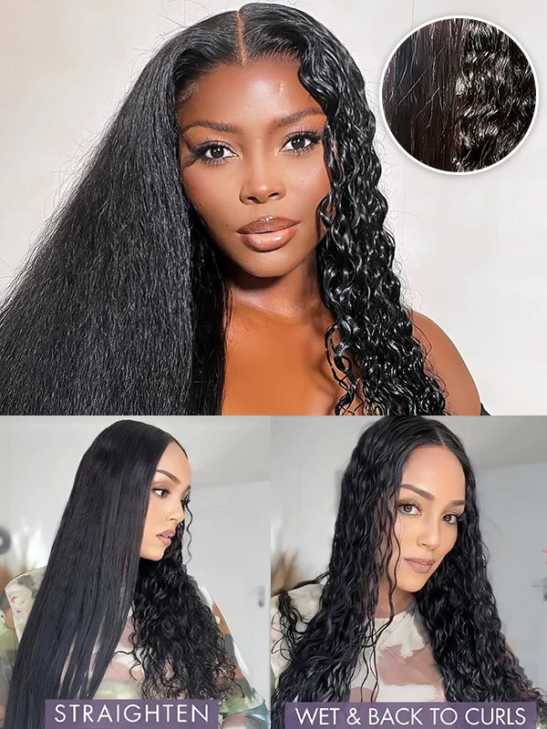 6x4 Wear & Go HD Glueless Lace Magic Dry Straight & Wet Curly Wig 2 Styles in 1 Human Hair Black Wig