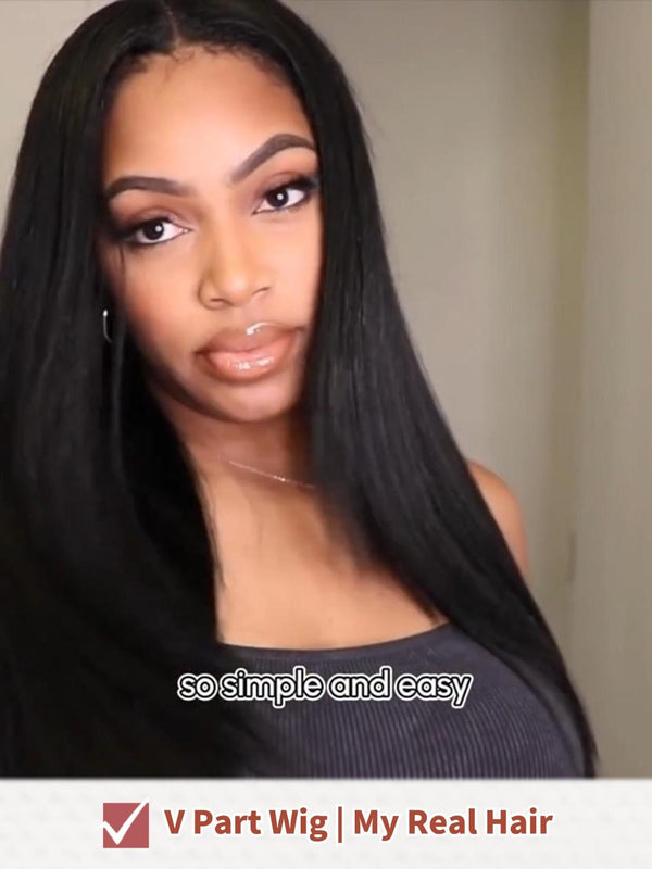 V Part Glueless Wig Human Hair Kinky Straight with Layers