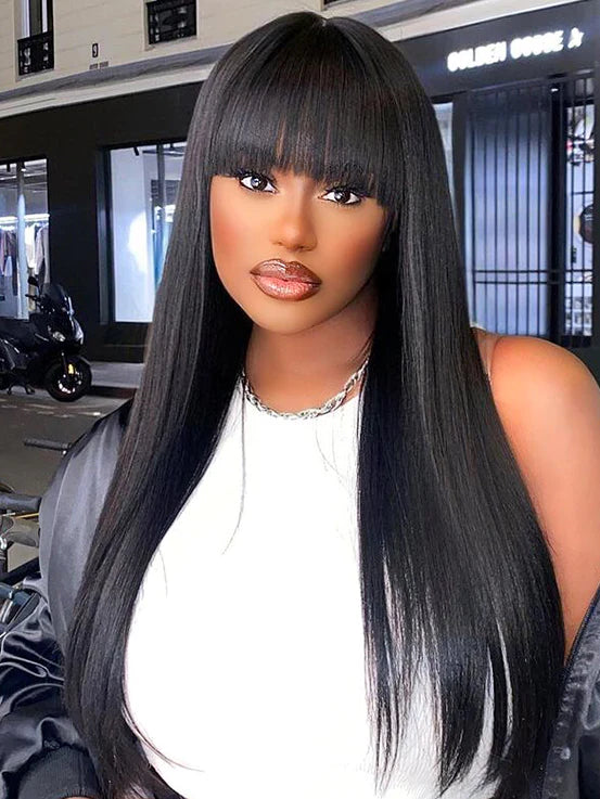 Straight Machine Made Wigs With Bangs Look Put On & Go Human Hair