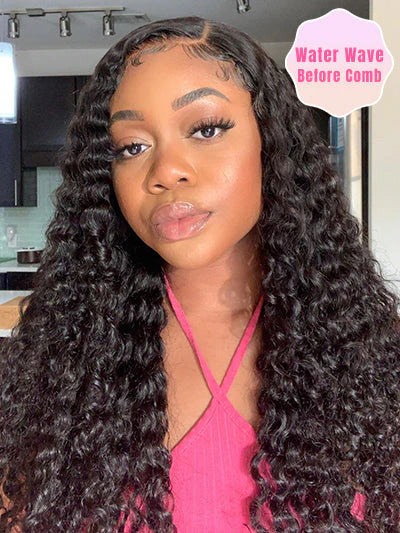 13x4 HD Glueless Lace Front Water Wave Wig Human Hair Wet & Wavy Look ...