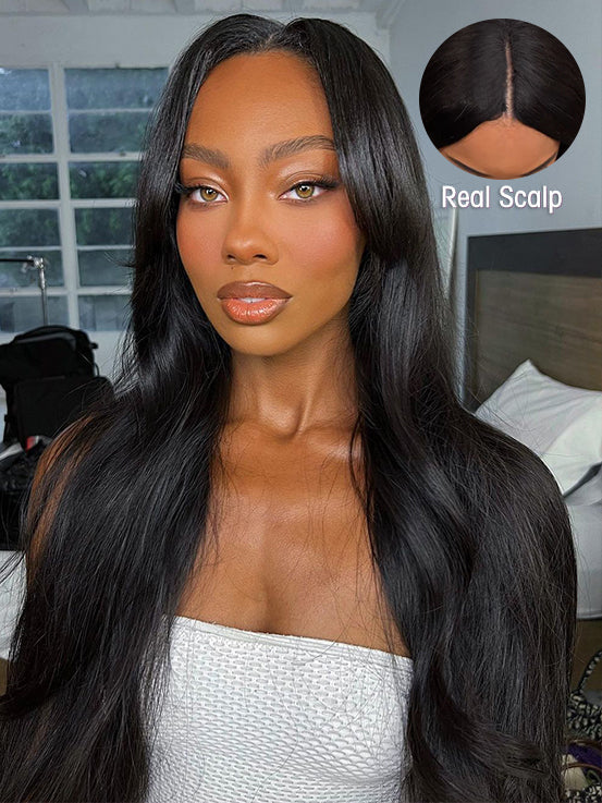 Thin V Part Wigs Glueless Straight Human Hair No Leave Out 180% Density