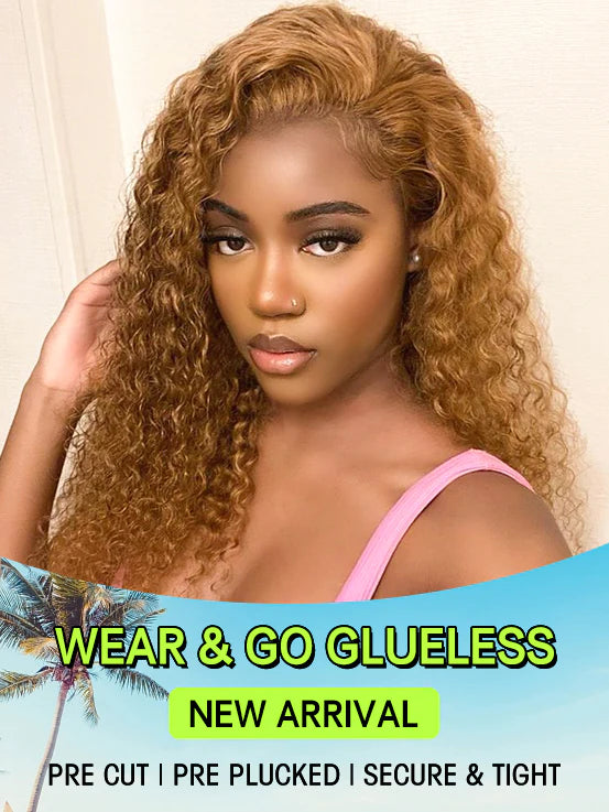 Wear & Go 6x4 Lace Closure Water Wave Glueless Wigs Honey blonde #27 Human Hair