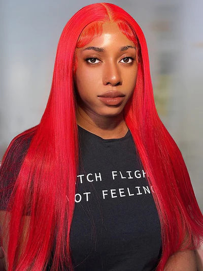 Straight Red Transparent Lace Front Human Hair Wig Pre Plucked Hairline