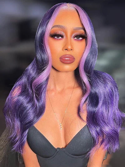 Colored Purple Skunk Stripe Ombre Highlight 13x4 Lace Frontal Body Wave Human Hair Wigs