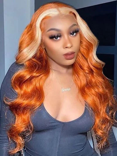 Ginger Orange With Blonde Streaks Color 13x4 Lace Front Straight Wig