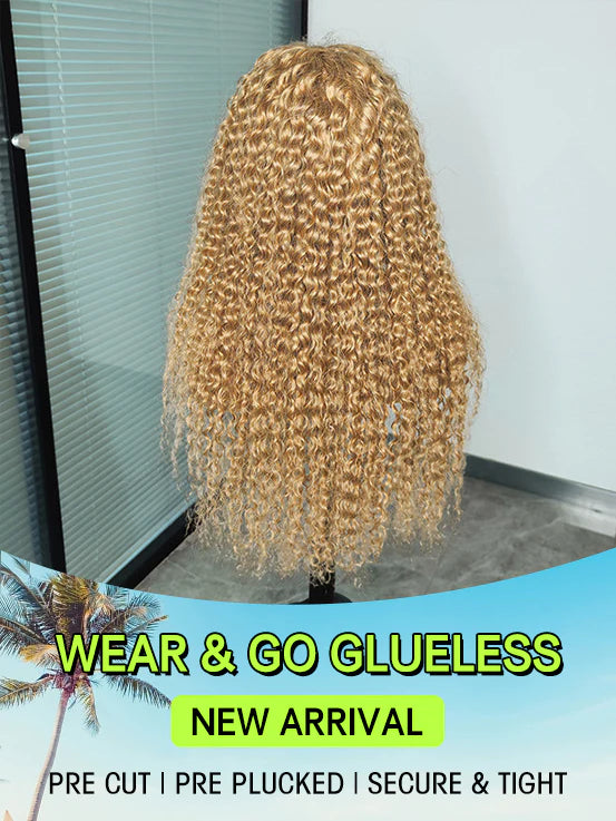 Glueless 6x4 Wear & Go Lace Closure Honey blonde #27 Color Kinky Curly ...