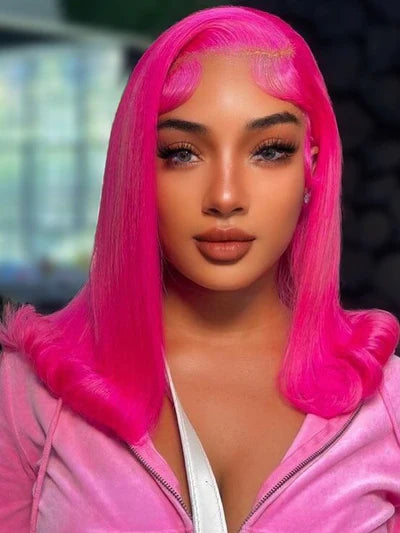 Lace Front Magenta Hot Pink Straight Bob Wig Human Hair 180% 200% Density
