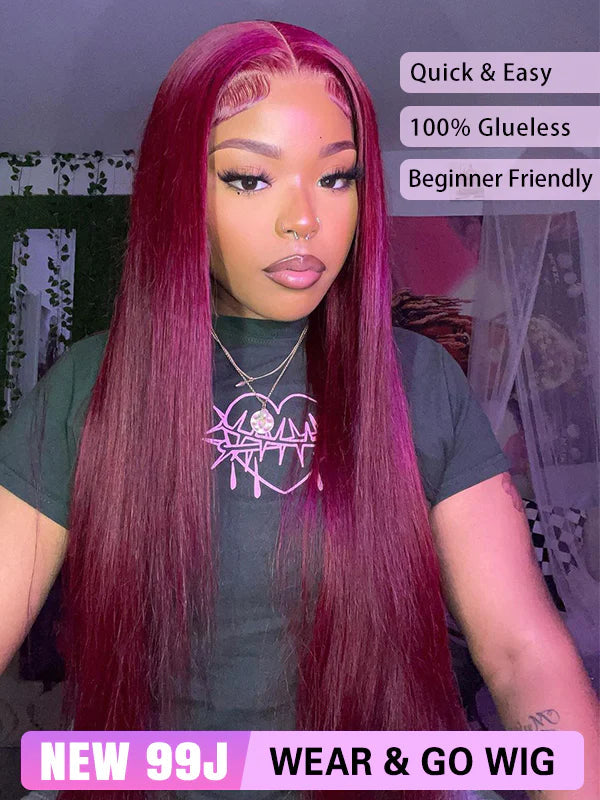 Pre Plucked Wear Go Burgundy #99J Color Glueless Straight 6x4 Lace Wig
