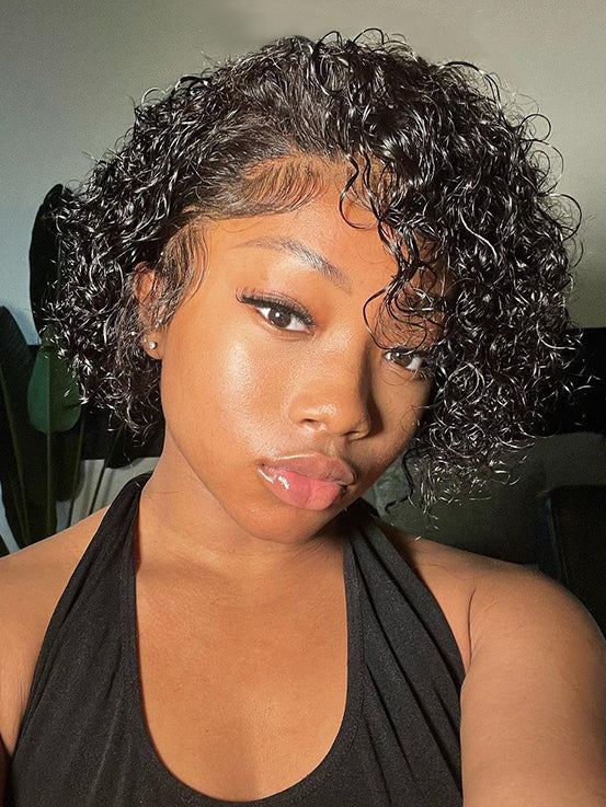 Short Pixie Cut Curly Bob Right Side Part Lace For Women Hair Wigs