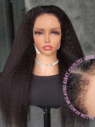 Natural Type 4C Hairline Yaki Straight 13x4 Glueless Lace Frontal Wig with Curly Edges