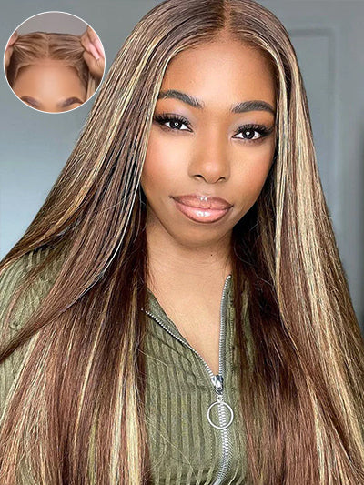 Silky Straight Pre-plucked Glueless Lace Closure Wigs Highlight Brown Color