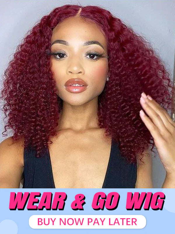 Wear & Go 99J Burgundy Color 6x4 Lace Glueless Kinky Curly Bob Wig