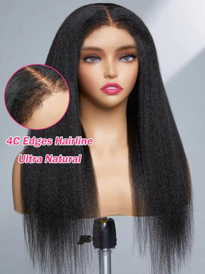 Yaki Straight HD Glueless Pre-Cut Lace Closure Wig Natural Type 4C Hairline with 4C Curly Edges